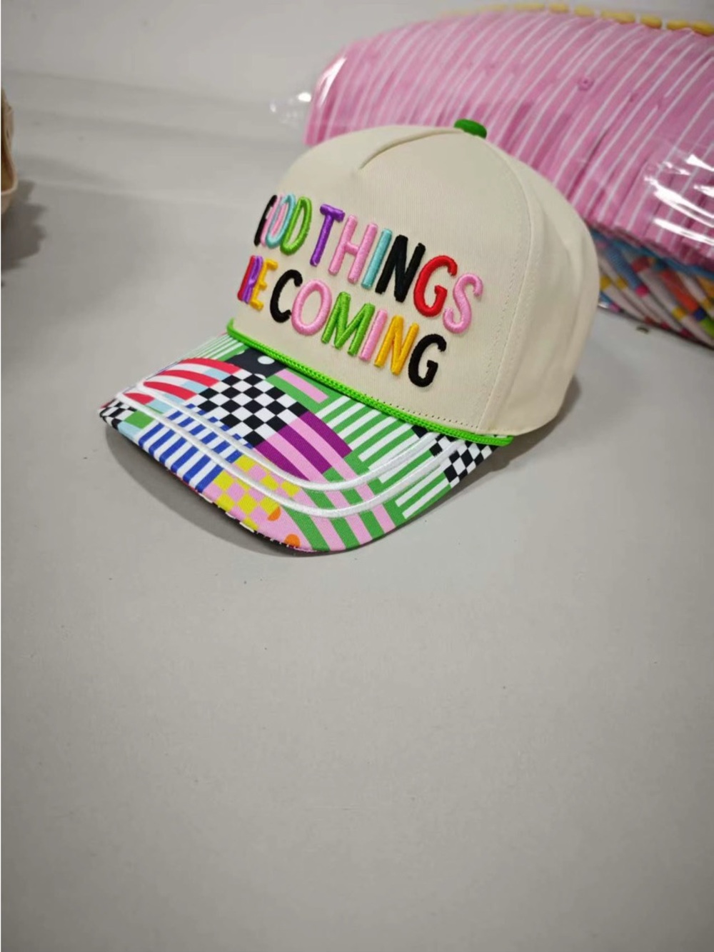 Cream Kids Cap with Multicolor Embroidered 'Good Things Are Coming'